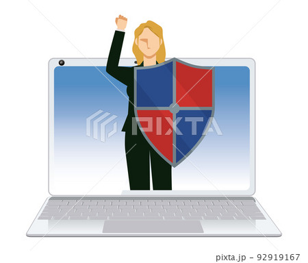 ノートパソコンを守るセキュリティのイメージのイラスト　画面に盾を持った白人系女性 92919167