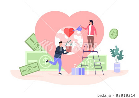 Nonprofit philanthropy. Charity crowdfunding financial money help for healing disease planet, public kindness healthcare fundraiser, volunteer gift contribution vector illustration Nonprofit philanthropy. Charity crowdfunding financial money help for healing disease planet, public kindness healthcare fundraiser, volunteer gift contribution vector illustration 92919214