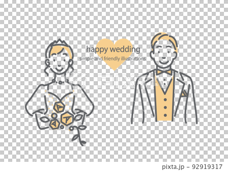 結婚式を挙げるカップル　ブライダル　シンプルでお洒落な線画イラスト 92919317
