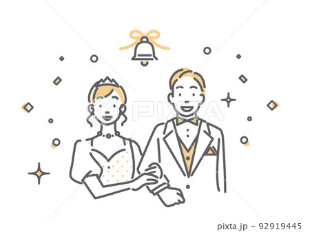 結婚式を挙げるカップル　ブライダル　シンプルでお洒落な線画イラスト 92919445