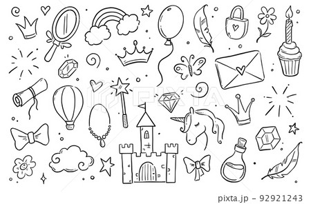 Hand drawn princess doodle set. Beauty cute girl princess accessories, fairy unicorn, castle. Doodle background. 92921243