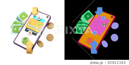 Concept of online bank transfers and payments Smartphone with credit card on screen and bills with Concept of online bank transfers and payments Smartphone with credit card on screen and bills with 92922163