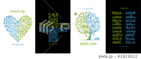 Medicine concept arts made from medical icons - Heart shape, cross, tree. Design for cards, banners, poster, web, print, social media, promotional materials. Vector illustration 92923022