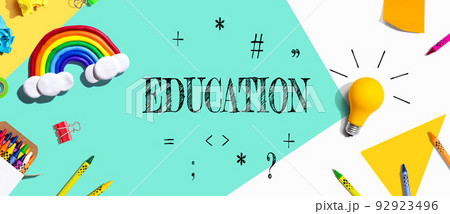 Education theme with school supplies - flat lay Education theme with school supplies - flat lay 92923496