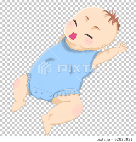 Baby boy in blue clothes sleeping on his back 92923951