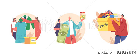 Volunteers Characters Donate Clothes, Money and Toys Isolated Round Icons or Avatars. Humanitarian Aid and Help 92923984
