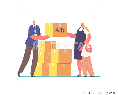 Volunteer Character Giving Humanitarian Aid Help Boxes to Refugees Woman with Little Boy. Governmental Help to People Volunteer Character Giving Humanitarian Aid Help Boxes to Refugees Woman with Little Boy. Governmental Help to People 92924050