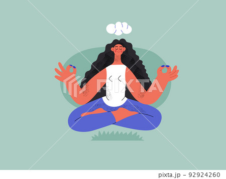 Relaxing shopping - Online shopping and electronic commerce series - modern flat vector concept illustration of a meditating woman in lotus pose. Promotion, discounts, sale and online orders concept Relaxing shopping - Online shopping and electronic commerce series - modern flat vector concept illustration of a meditating woman in lotus pose. Promotion, discounts, sale and online orders concept 92924260