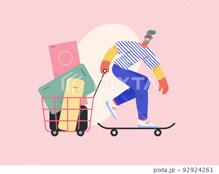 Express shopping -Online shopping and electronic commerce series - modern flat vector concept illustration, man on skateboard with shopping basket. Promotion, discounts, sale and online orders concept 92924261
