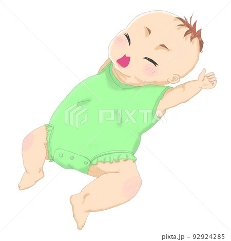 仰向けに寝る緑色の服を着る男の子の赤ちゃん 仰向けに寝る緑色の服を着る男の子の赤ちゃん 92924285