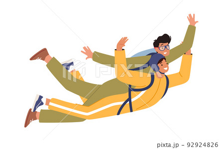 Skydiving, Extreme Paragliding Activity, Recreation. Skydiver Characters Jumping with Parachute in tandem Soaring in Sky 92924826