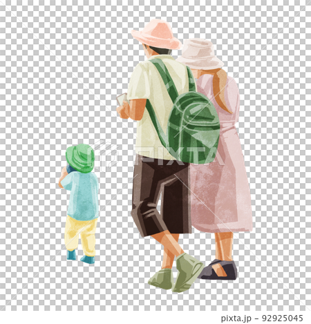 お出かけ中の親子3人後ろ姿手描き水彩風イラスト 92925045
