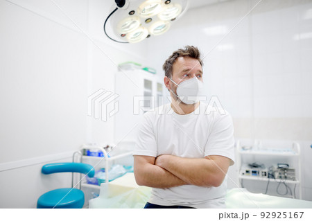 Worried patient is sitting in the operating room before a medical procedure or operation. Worried patient is sitting in the operating room before a medical procedure or operation. 92925167