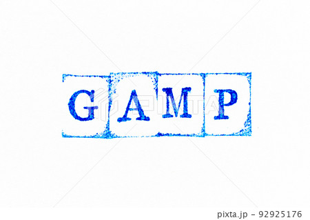 Blue color ink rubber stamp in word GAMP (Abbreviation of Good Automated Manufacturing Practice) on white paper background 92925176