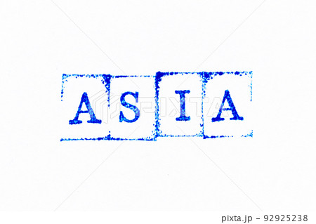 Blue color ink rubber stamp in word asia on white paper background Blue color ink rubber stamp in word asia on white paper background 92925238
