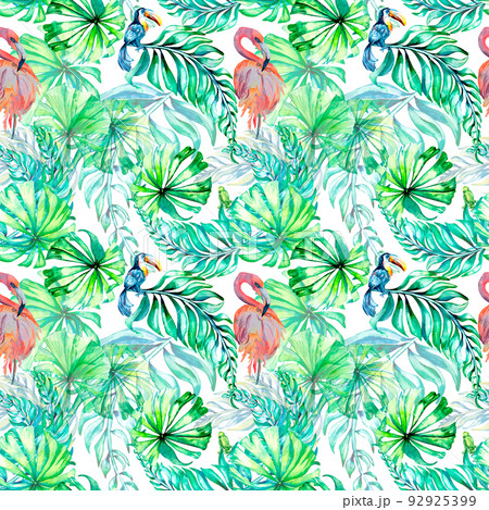 Tropical birds and palm leaves watercolor seamless pattern on white background Tropical birds and palm leaves watercolor seamless pattern on white background 92925399