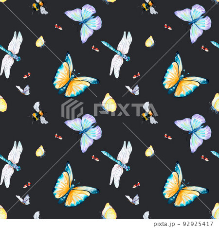 Grassland insects watercolor illustration seamless pattern on dark. Grassland insects watercolor illustration seamless pattern on dark. 92925417