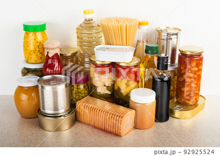 Emergency survival food set on white kitchen table 92925524