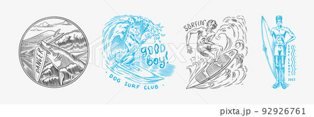 Surf badge, Vintage Surfer logo. Retro Wave and palm. Summer California pins set. Man on the Surf badge, Vintage Surfer logo. Retro Wave and palm. Summer California pins set. Man on the 92926761