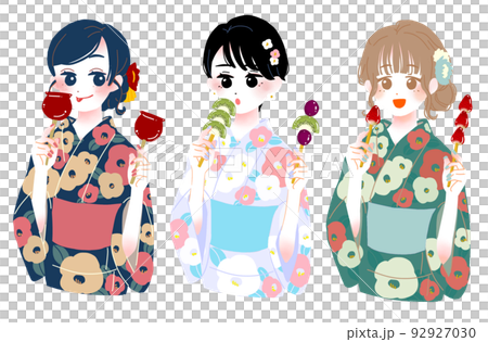 A group of three women who eat fruit candy at a summer festival A group of three women who eat fruit candy at a summer festival 92927030