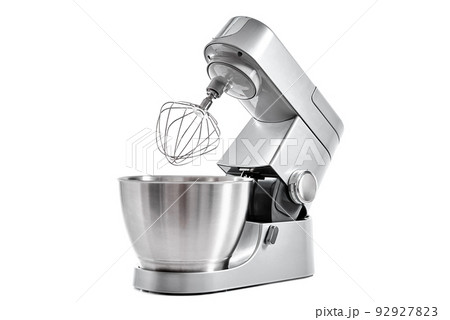 Silver food processor with whisk on white background isolated, kitchen electric mixer, Modern kitchen appliance for cooking 92927823