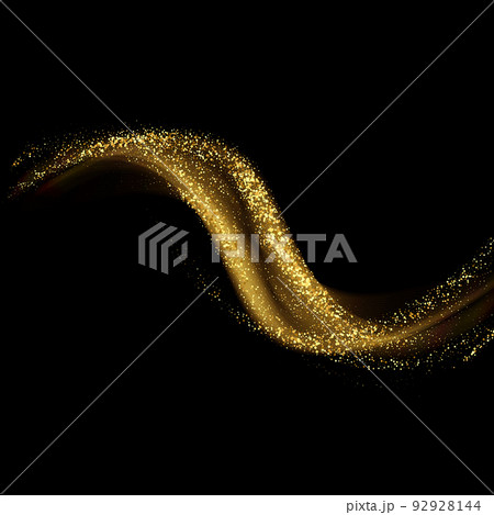 Golden shimmering wave isolated on black background. Glittering trail of stardust. Abstract motion swirl wave of golden dust. 92928144