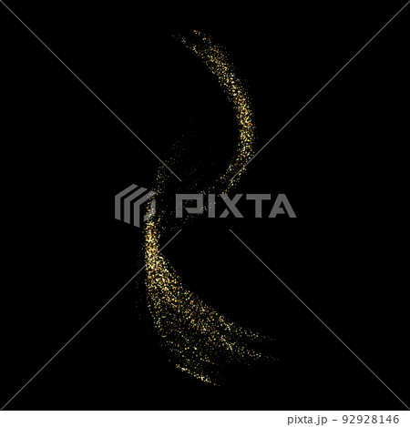Golden shimmering wave isolated on black background. Glittering trail of stardust. Abstract motion swirl wave of golden dust. 92928146