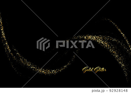 Golden shimmering wave isolated on black background. Glittering trail of stardust. Abstract motion swirl wave of golden dust. 92928148