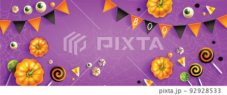 Halloween discount banner, funny candy lollipop garland, autumn holiday season background, spiderweb 92928533