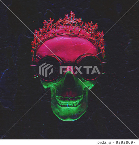 human skull in a crown and steampunk glasses with a cracked texture and 3d glitch effect human skull in a crown and steampunk glasses with a cracked texture and 3d glitch effect 92928697