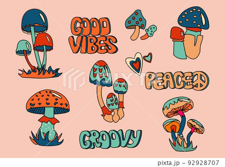 1970 stickers. Set of elements, cute funky hippy icons. Cartoon mushrooms, heart, good vibes, peace and groovy text. 1970 stickers. Set of elements, cute funky hippy icons. Cartoon mushrooms, heart, good vibes, peace and groovy text. 92928707