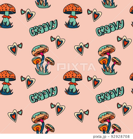 1970 trippy seamless psychedelic pattern with mushroom Groovy text, heart 1970 trippy seamless psychedelic pattern with mushroom Groovy text, heart 92928708