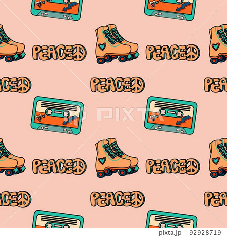 1970 groovy trippy seamless pattern with audio cassette, peace text and Roller Skates 92928719