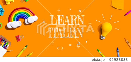 Learn Italian theme with school supplies - flat lay 92928888