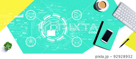 Distance learning theme with computer keyboard and office items Distance learning theme with computer keyboard and office items 92928932