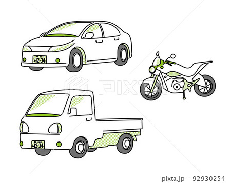 普通乗用車・中型車・二輪車のイラストセット 普通乗用車・中型車・二輪車のイラストセット 92930254