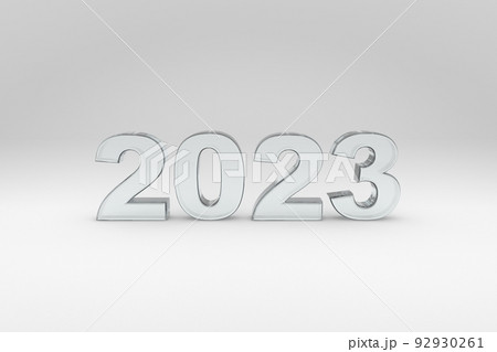 白背景にクリアな白色の文字。2023年の文字。立体で作られた文字。ゴシック体の文字。 白背景にクリアな白色の文字。2023年の文字。立体で作られた文字。ゴシック体の文字。 92930261