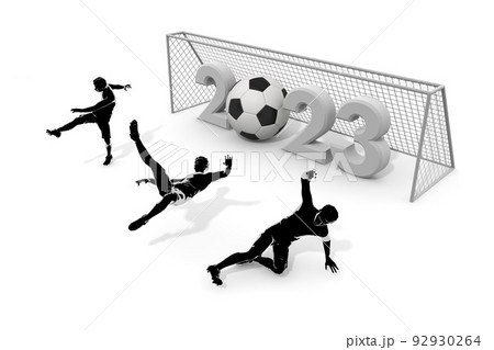 サッカー選手とボール。2023年の文字。立体で作られた文字。ゴシック体の文字。 サッカー選手とボール。2023年の文字。立体で作られた文字。ゴシック体の文字。 92930264