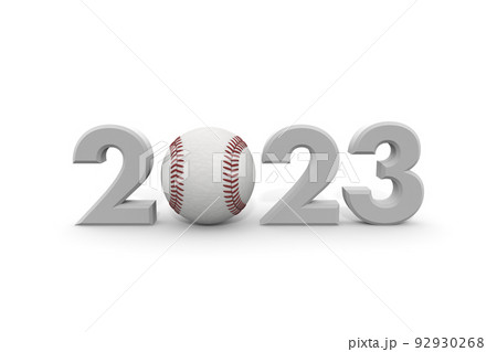 野球のイメージとボール。2023年の文字。立体で作られた文字。ゴシック体の文字。 野球のイメージとボール。2023年の文字。立体で作られた文字。ゴシック体の文字。 92930268