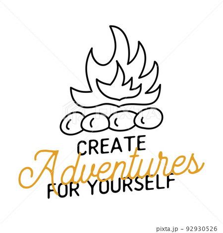 Linear logo with campfire and text on white background Linear logo with campfire and text on white background 92930526
