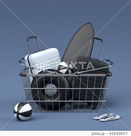 Colorful luggage with beach accessories in shopping basket on black and white Colorful luggage with beach accessories in shopping basket on black and white 92930657