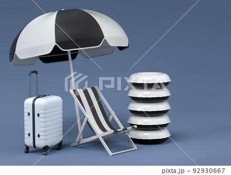 Colorful beach rings, chair, umbrellas and lugagge on black and white background 92930667