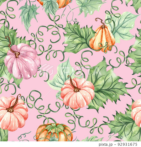 Watercolor bright pumpkin seamless pattern. Hand painted pumpkin ornament with flower, leaves and branch isolated on white background. Halloween print Watercolor bright pumpkin seamless pattern. Hand painted pumpkin ornament with flower, leaves and branch isolated on white background. Halloween print 92931675