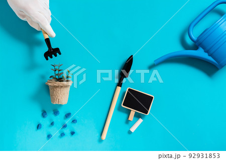 A woman's hand is working with garden tools over sprouts in a pot and a watering can A woman's hand is working with garden tools over sprouts in a pot and a watering can 92931853