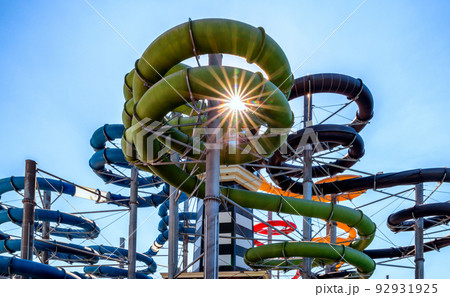 Colorful water slides in aqua park 92931925