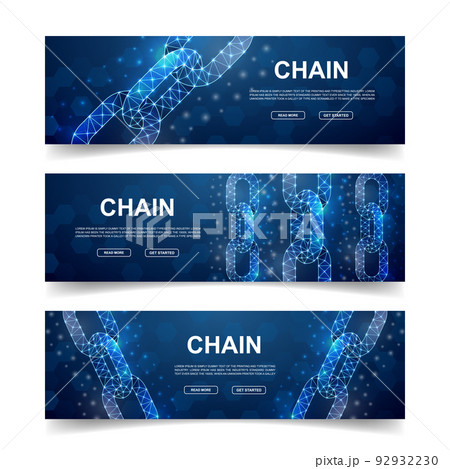 Set of three Chain horizontal banners. Horizontal illustration for homepage design, promo banner. Blockchain low poly symbols with connected dots 92932230