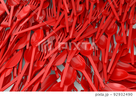 Heap of disposable utensils like spoon, fork and knife on white background. Heap of disposable utensils like spoon, fork and knife on white background. 92932490