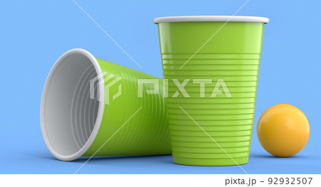Set of plastic party cup for college ping pong game on blue background. Set of plastic party cup for college ping pong game on blue background. 92932507
