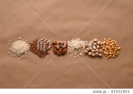 Gluten free text and various gluten free product. Flat lay, top 92932803