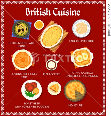 British food cuisine menu, dishes for lunch and restaurant meals, vector poster. Traditional English breakfast porridge and pudding, dinner roast beef and Irish coffee with honey cake and kidney pie 92934272